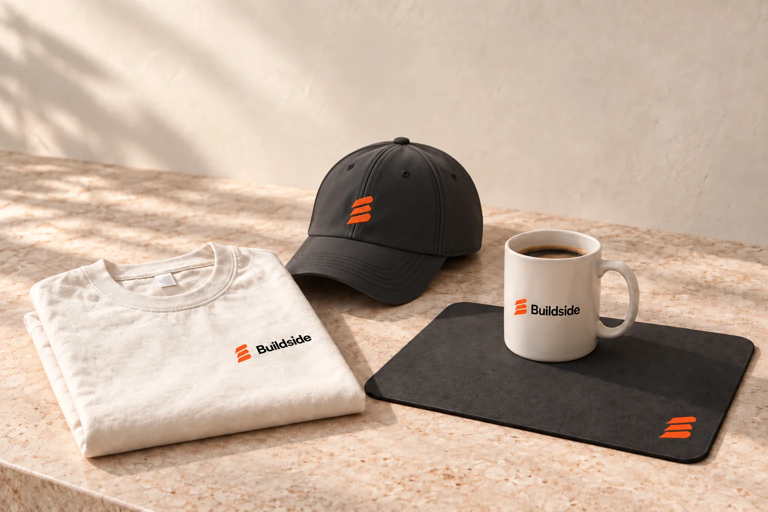 Buildside cap, tee, mug and desk pad on sunlit travertine