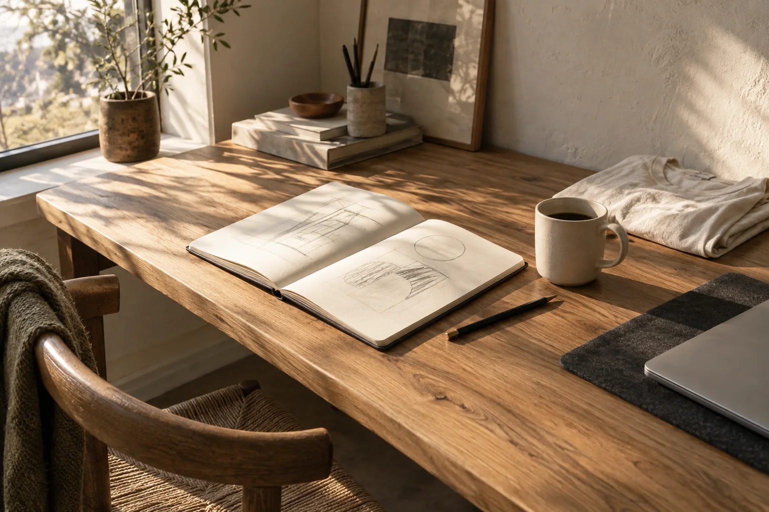 A sunlit desk with an open sketchbook, a coffee mug, and space for the next idea